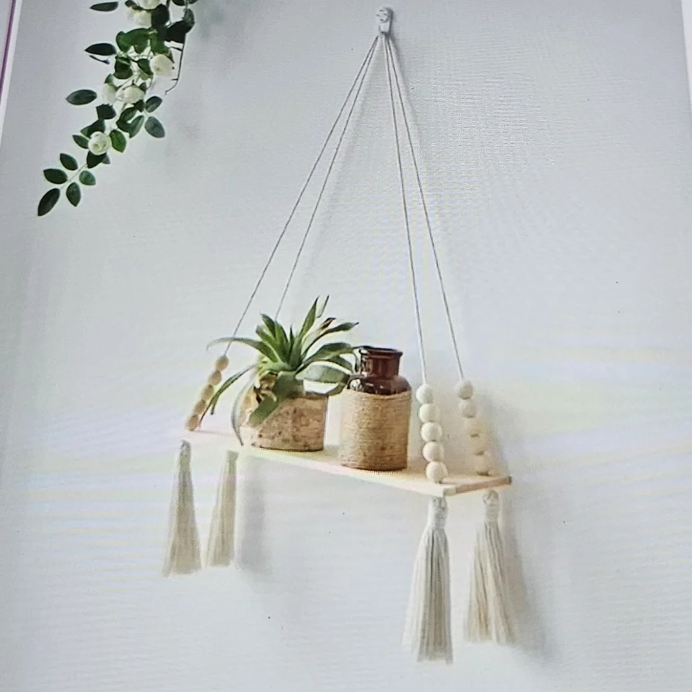 Neutral Hanging Tassel Wall Shelf - Decorative Cream Display Shelf NEW in pkg